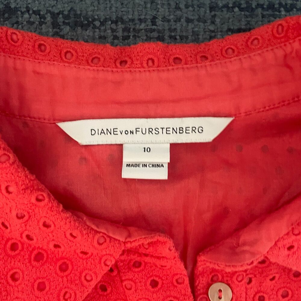 Diane von Furstenberg Collared Button up Eyelet Dress Coral Size 10 - Picture 7 of 9